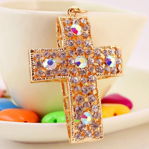 Nice Rhinestone Gold Cross Key Chain! - Picture 2 of 3